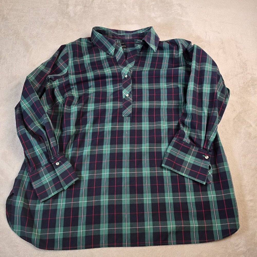 Talbots Tunic Shirt Womens 16W Green Blue Tartan Plaid Sparkle Buttons Preppy